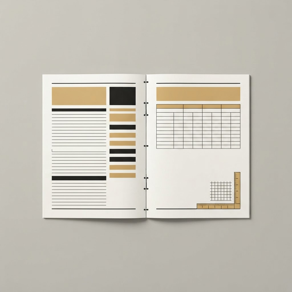 A single bound document page shown from above, marked with heading blocks and rule lines