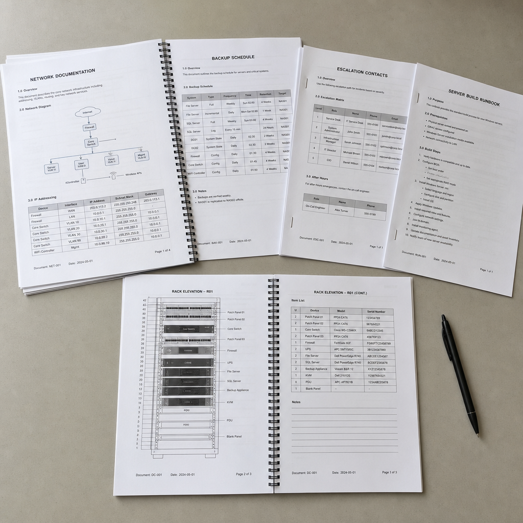 Printed IT documents laid out on a desk: network documentation with an IP addressing table, a backup schedule, an escalation contact sheet, a server build runbook and an open rack elevation